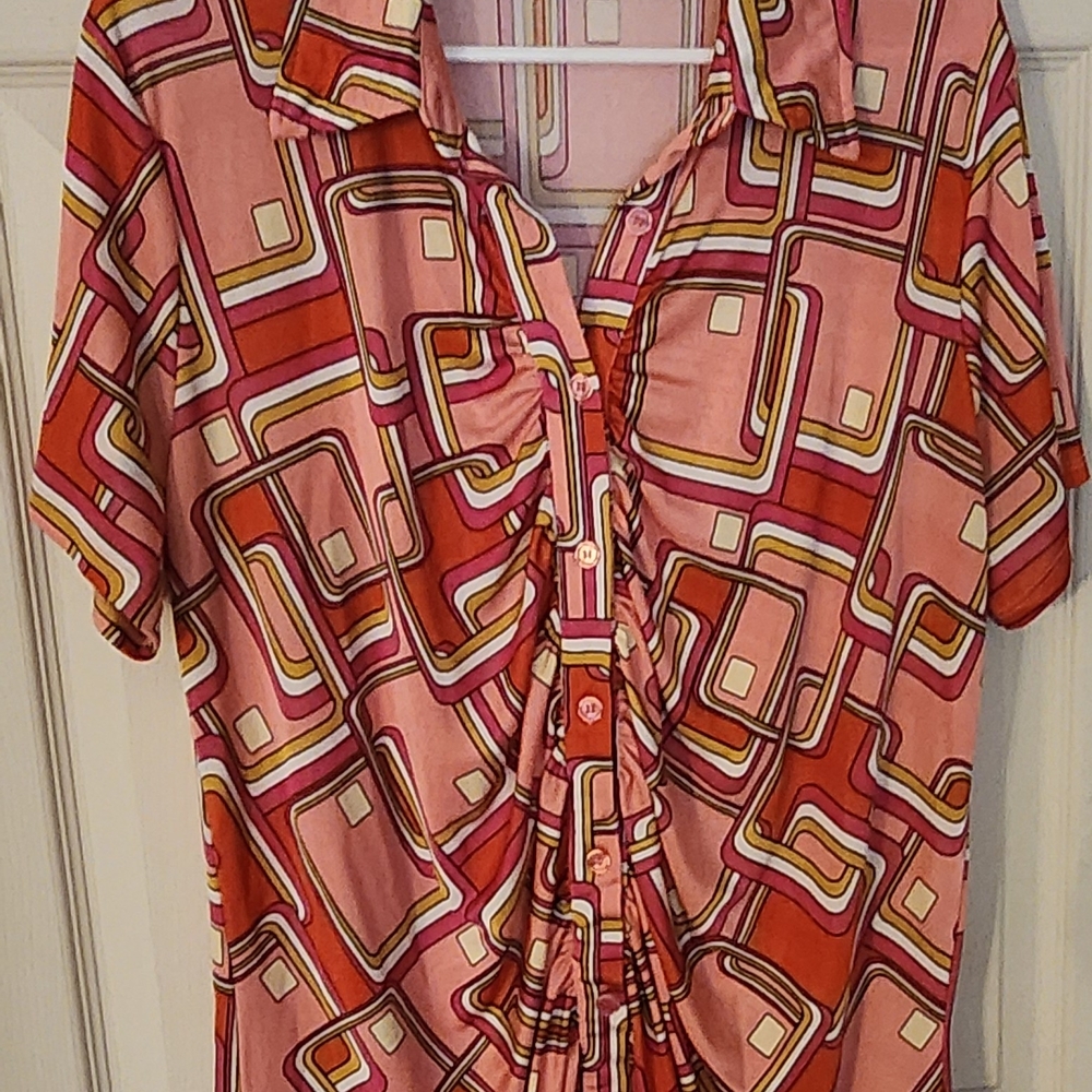 H&M Red Pink Ruched Button Down Shirt